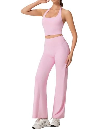RXRXCOCO Halter Workout Sets for Women 2 Piece Padded Crop Tank Tops Straight Leg Yoga Pants Outfits with Hidden Pocket Light Pink X-Large