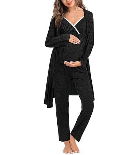 SWOMOG Maternity Nursing Robe Set 3 Piece Breastfeeding Pajamas 3 in 1 Labor Delivery Sleevless Tops&Long Pants Pregnancy Pjs Black Grey
