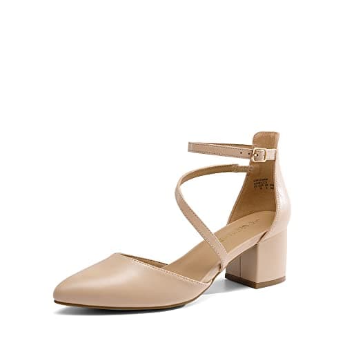 DREAM PAIRS Women's Closed Pointed Toe Low Chunky Heels Pumps Ankle Strap Wedding Business Dressy Shoes,Size 6,Nude-Pu,SDPU2354W