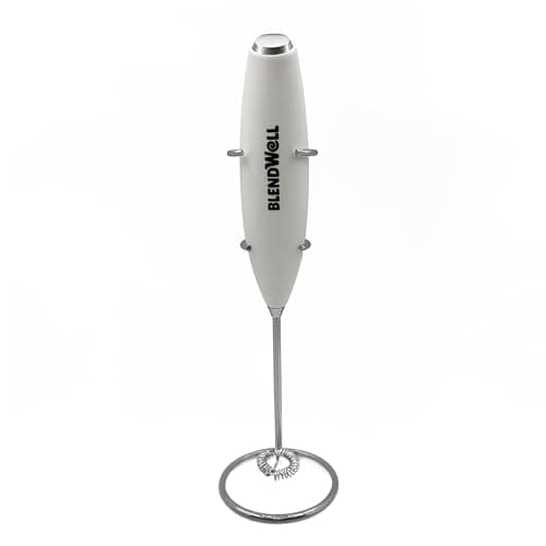 BlendWell Electric Milk Frother for Matcha and Coffee, Handheld Battery Operated Drink Mixer with Stand, Stainless Steel Whisk, White