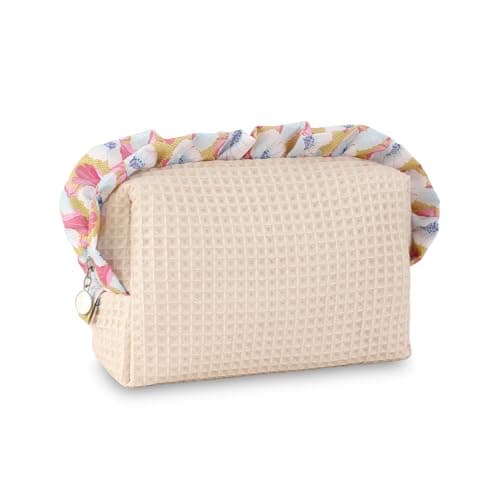 DYSHAYEN Ruffled Waffle Makeup Bag,Soft Cotton Travel Cosmetic Bag,Gifts for Women Bridesmaid Birthday Wedding Christmas (Beige)