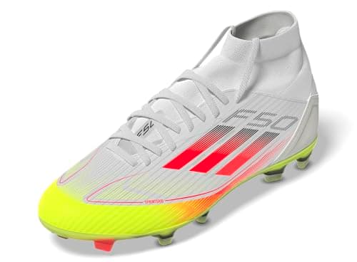 Adidas Womens F50 League Mid Top Firm Ground/Multi Ground Soccer, White/Lucid Red/Solar Yellow, 13