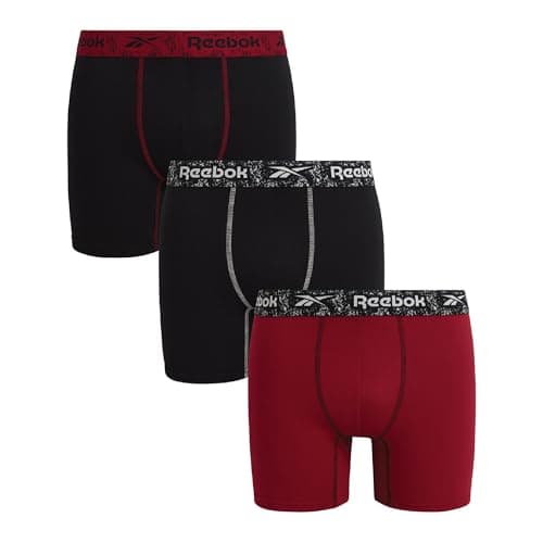 Reebok Mens Boxer Briefs - 3 Pack Moisture-Wicking Performance Stretch Mens Underwear Boxers w/Contour Pouch, 6” Inseam, Size Small, Rhubarb/Black/Black