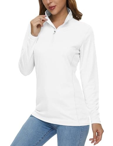MAGCOMSEN Quarter Zip Pullover Women Sun Uv Quick Dry White Long Sleeve Shirts for Women Workout Running Hiking Safari Tops,S