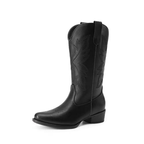 DREAM PAIRS Cowboy Boots for Women Cowgirl Western Mid Calf Boots Snip Toe Embroidered Stitched Low Chunky Heel Pull On Fashion Boots,Size 6,Black,SDMB25005W-2