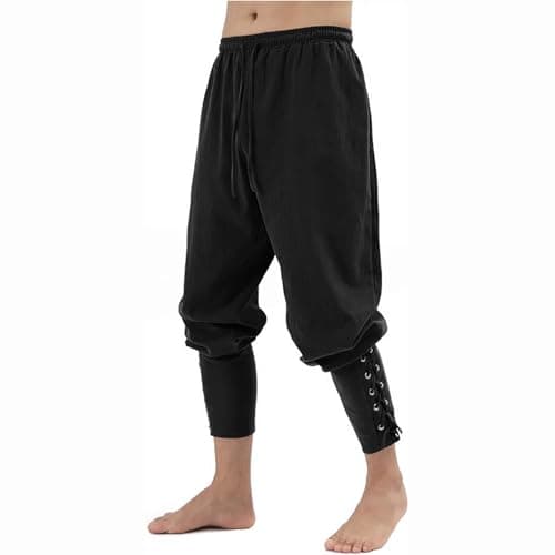 Men's Ankle Banded Pants Medieval Viking Navigator Pirate Costume Renaissance Gothic Halloween Cosplay Trousers(L, Black)