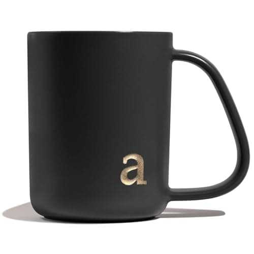 COLLECTIVE HOME - Ergonomic Handle Ceramic Mug, 15 oz Personalized Coffee Cup with Golden Initial, Microwave & Dishwasher Safe, Elegant Monogram Tea Mug in Gift Box for Home & Office (Black-a)