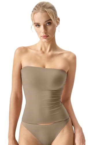 QINSEN Summer Tube Tops for Women Off Shoulder Strapless Crop Bandeau Tops Going Out Bustier Top Rose Taupe M
