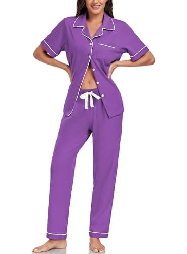 EA'S SECRET 100% Cotton Womens Pajama Sets Short Sleeve Top and Pajama Pants Soft Sleepwear Summer Pjs for Women (Violet,S)
