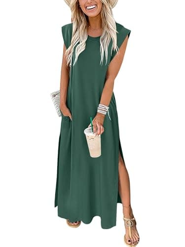 ANRABESS Summer Dress for Women 2026 Maxi Sundresses Casual Cap Sleeve Crew Neck Loose Split Beach Travel Vacation Clothes Forest Green