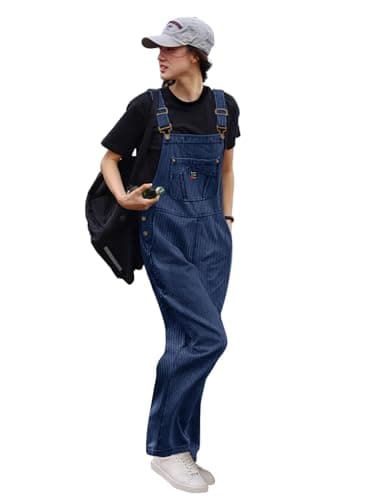 YESNO Women Corduroy Overalls Casual Adjustable Straps Bib Jumpsuits Fall Outfits with Side Buttons Closure and Pockets XL PCD Navy Blue