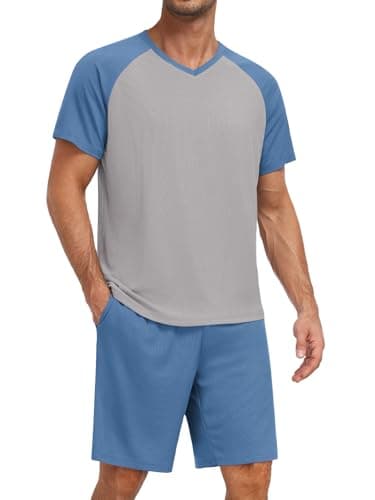 Feiersi Mens Pajama Set Summer Soft Short Sleeve Pjs Sets Lightweight Quick Dry Comfy Loungewear Sets With Pockets(Grey-Blue,Medium)