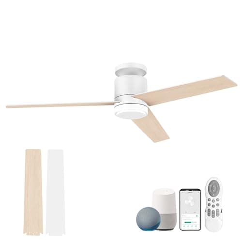 Lorpies 52 Inch Smart Flush Mount Ceiling Fans with Lights Remote,Quiet DC Motor,Outdoor Indoor Low Profile Ceiling Fan,Voice Control via WIFI Alexa App,Modern White Wood Ceiling fan for Bedroom Patio
