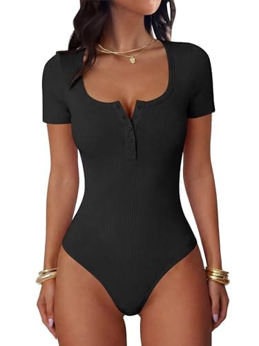 ANRABESS Women’s Bodysuits，Short Sleeve Scoop Neck Top， Fitted Ribbed Knit Soft Going Out Henley Shirts，Travel Work Body Suit Black Medium