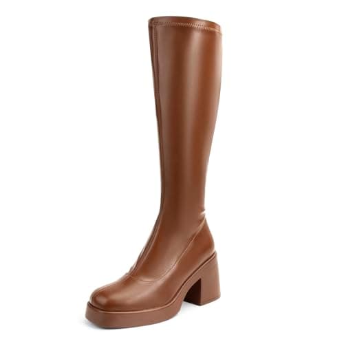 AprCoco Knee High Boots for Women GoGo Boots Platform Square Toe Womens Chunky Heel Side Zipper Boot,Size 07，Brown
