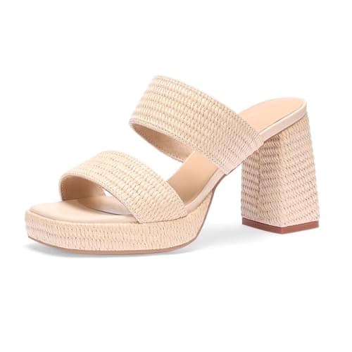 Monrovia Raffia Chunky Platform Heels for Women, Double Strap Square Open Toe Slip On Heels - Casual Beach Summer Heeled Sandals Beige Size 9