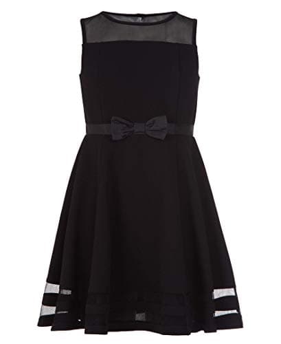 Calvin Klein Girls' Sleeveless Party Dress, Fit and Flare Silhouette, Round Neckline & Back Zip Closure, Black Satin, 6X