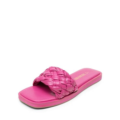 DREAM PAIRS Women's Square Open Toe Slide Sandals Cute Slip on Braided Slides Flat Sandals for Summer,Size 6,Hot Pink,SDSS2212W
