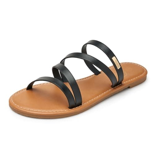 Trary Women's Flat Sandals, Round Open Toe Multi Strap Slide Sandals with Metal Accent, Strappy Dressy Summer Flip Flops Comfortable Casual Beach Shoes for Women Black Size 10