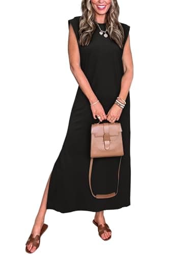 REORIA Women's Summer Vacation Long Maxi Dress Casual Sleeveless Sundresses Beach Tank Dresses with Pockets Black Onyx Small