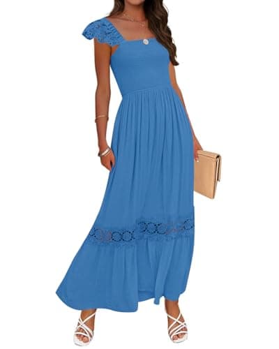 ZESICA Women's 2025 Summer Lace Strap Sleeveless Square Neck Smocked High Waist Ruffle Hollow Out Flowy A Line Maxi Dress,CobaltBlue,Medium