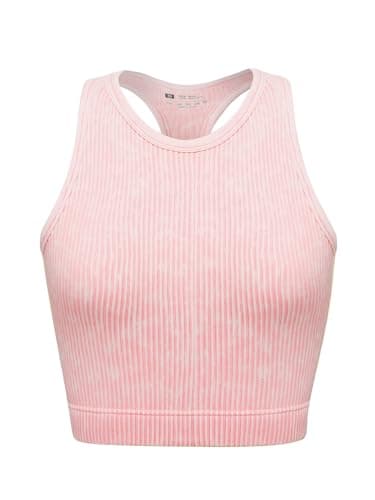 Women's Seamless Ribbed Workout Crop Tank Top,Slim Fit Short Scoop Neck Racerback Tank Tops,Sports Bra Yoga Tops Pink