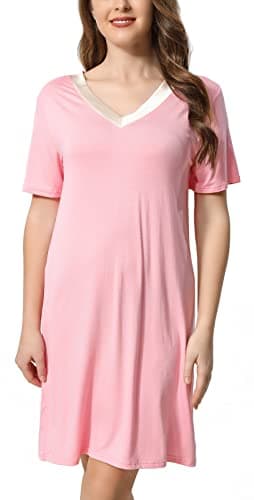 Chamllymers Sleep Shirts for Women Cotton Short Sleeve Night Shirts Soft V-neck Sleepwear Nightgowns Pink M
