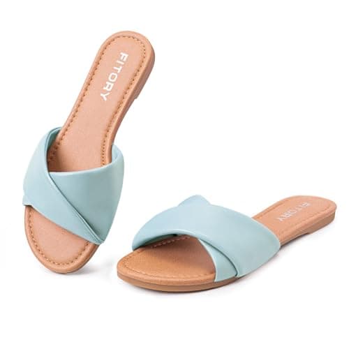 FITORY Women's Flat Sandals Fashion Slides With Soft Leather Slippers for Summer Blue Size 8.5