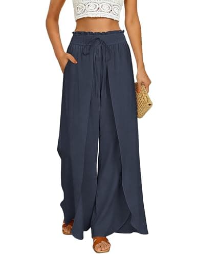 GRACE KARIN Women Linen Pants Wide Leg Casual Palazzo Pants Lounge Beach Summer Pants with Pockets Navy Blue S