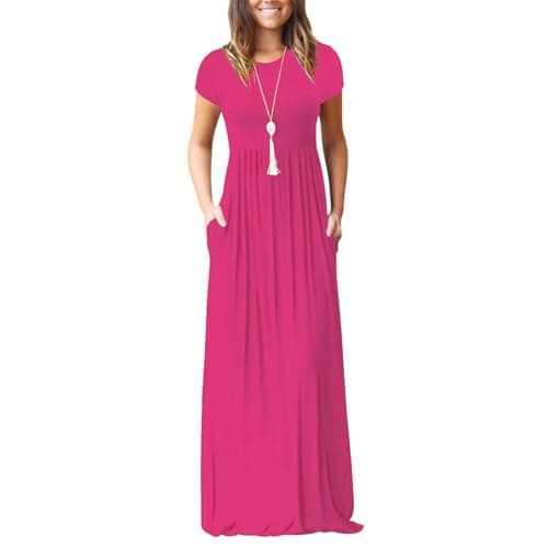 AUOMITH Women Summer Short Sleeve Hot Pink Maxi Dresses A-Line Round Neck Casual Empire High Waist Party Long Dress with Pockets (Hot Pink,Large)
