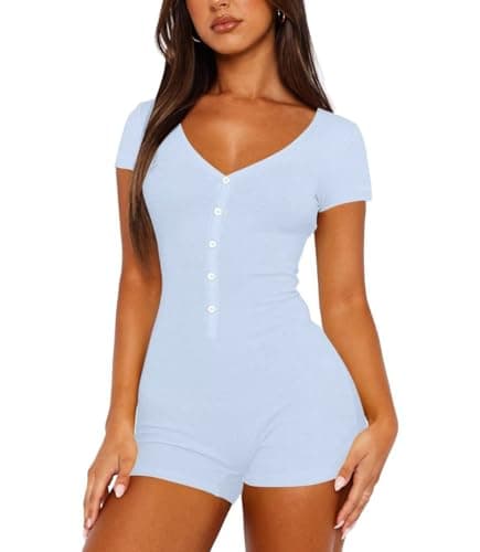 LEEDYA Summer V Neck Jumpsuits for Women Short Sleeve Romper Gym Shorts Bodysuit Onesie Pajama Set Workout Bodycon Blue