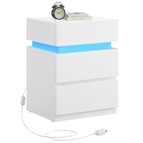 VASAGLE Nightstand with LED Lights, Adjustable Light Colors, Bedside Table, Side Table with 3 Drawers, Modern Style, 13.8 x 15.7 x 21.7 Inches, Cloud White LET630T12