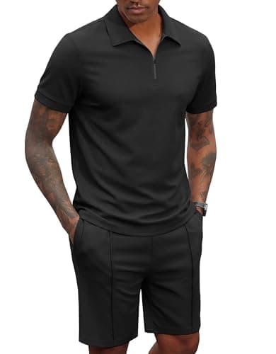 COOFANDY Men's 2 Pieces Outfits Quarter Zip Polo Shirt and Shorts Set Casual Summer Tracksuit