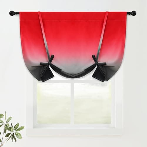 COSVIYA 100% Blackout Red and Black Adjustable Tie Up Curtains for Kitchen Thermal Insulated Room Darkening Valance Rod Pocket Balloon Roman Shade for Small Window,48" L x 34" W, 1 Panel