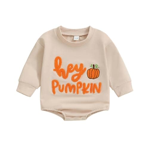 FYBITBO Newborn Halloween Outfit Girl Boy Spooky Season Romper Bubble Sweatshirt Bodysuit Fall Halloween Baby Clothes (Hey Pumpkin Apricot, 0-3 Months)