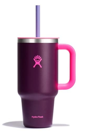 Hydro Flask 32 Oz Travel Tumbler with Handle, Clear Lid and Straw - Insulated Stainless Steel in 32 Oz Sugarplum