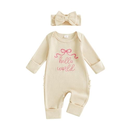 Merqwadd I'm New Here Outfit Baby Girl Long Sleeve Waffle Bow Jumpsuit Newborn Coming Home Outfit (Hello World-Cream, 3-6 Months)