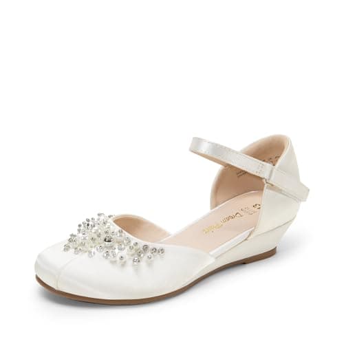 DREAM PAIRS Girls Dress Shoes, Glittering Low Wedge Heels with Pearls Rhinestones, Soft Cushioning, Hook-and-Loop Straps, Non-Slip Outsole, Party Formal Wear, Size 11 Little Kid,Ivory,SDFL2414K