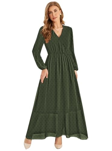 CYiNu Long Sleeve Maxi Dress for Women Chiffon V Neck Boho Floral Long Dress(Military Green, M)