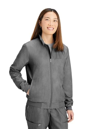 Fabletics Women's Daily 3-Pocket Scrub Jacket - MotionTech, Lightweight, Breathable, Wrinkle-Resist, Semi-Slim Fit, XXL-1X, Heather Grey