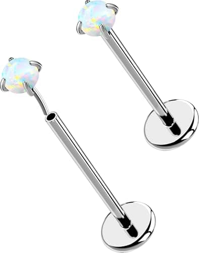 OUFER 2PCS 18G Threadless Labret Tragus Stud Earrings with 2.5MM White Opal – Titanium Flat Back Push-In Cartilage Jewelry for Sensitive Skin – 12mm Silver Bar