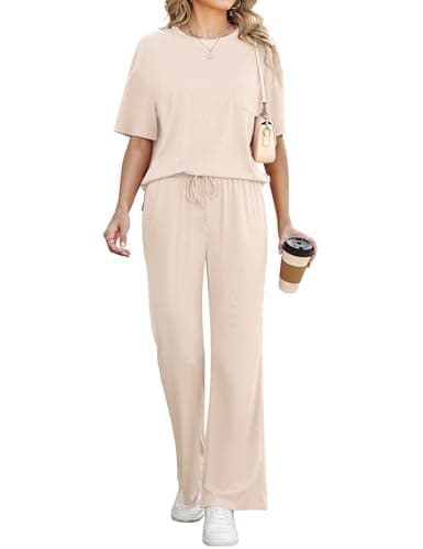 Marvmys Two Piece Lounge Set for Women Short Sleeve Airport Outfits with Pockets 2026 Casual Wide Leg Women's Resort Wear Apricot Medium