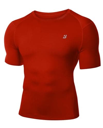 Roadbox Men's Compression Shirt Short Sleeve, Cool Dry Athletic Football Base Layer Tops, Sports Running Workout T Shirts Red