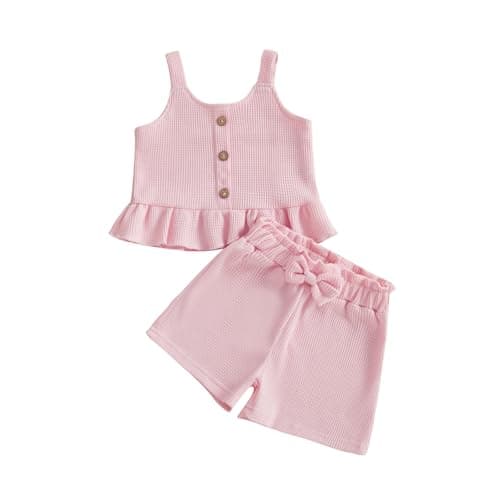 allshope Toddler Baby Girl Summer Outfits Solid Color Waffle Sleeveless Ruffle Tank Tops Shorts Set Cute Infant Clothes (Color Pink, 2-3T)