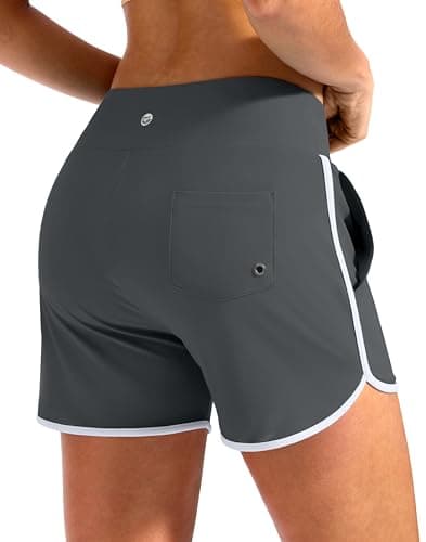 G Gradual 3" Women's Swim Shorts 3 Pockets High Waisted Board Shorts Tummy Control Swimsuit Bottoms with Liner Beach Water, Grey, X-Large