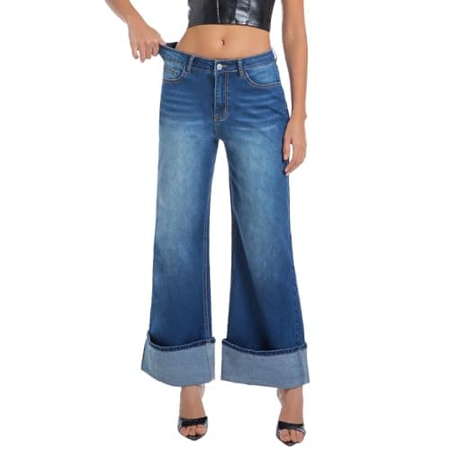 Myzellia Wide Leg Jeans Woman Stretchy Cuffed High Waisted Baggy Jeans Loose Denim Pants Blue Small