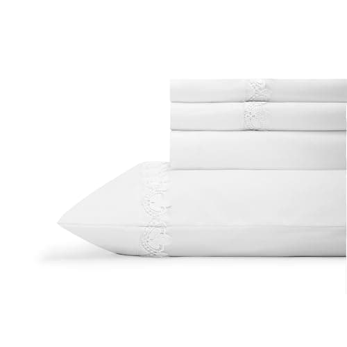 Linen Home 100% Cotton Percale Fluer Lace Sheets Queen Size, White, Deep Pocket, 4 Pieces Set - 1 Flat, 1 Deep Pocket Fitted Sheet and 2 Pillowcases, Crisp Cool and Strong Bed Linen