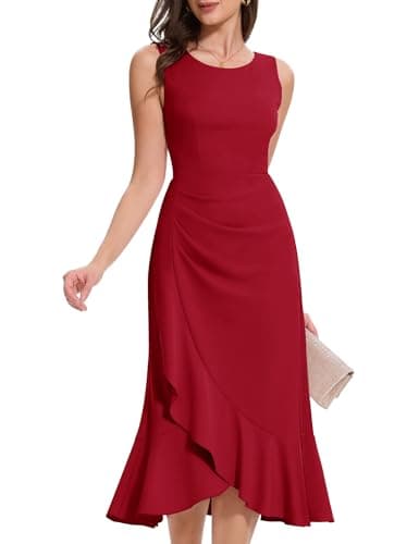 Aupuls Formal Funeral Dresses for Women Bodycon Wedding Guest Dress Ruffel Spring AUPG015 Red XXL
