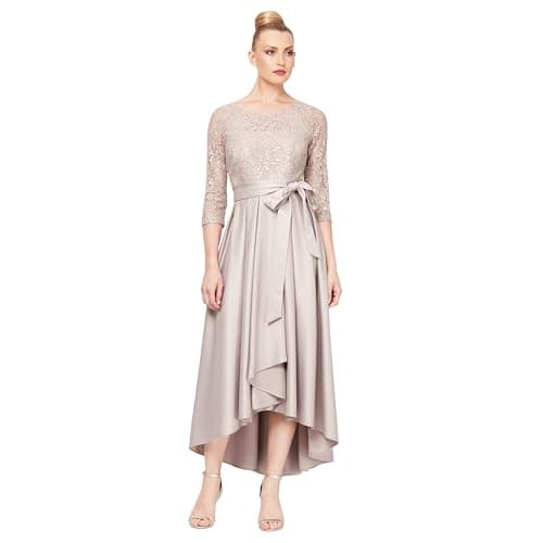 Alex Evenings Women's Satin Ballgown Formal Event Dress with Pockets and Tie Belt (Petite and Regular Sizes), Buff, 4