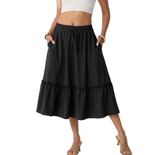 FREEOAK 2026 Women's High Waisted A-Line Midi Skirt Flowy Pleated Summer Casual Beach Vacation Boho Style Skirt with Pockets A - Black